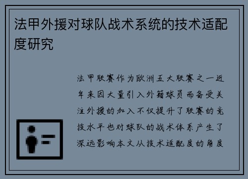 法甲外援对球队战术系统的技术适配度研究