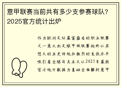 意甲联赛当前共有多少支参赛球队？2025官方统计出炉