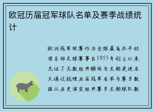 欧冠历届冠军球队名单及赛季战绩统计